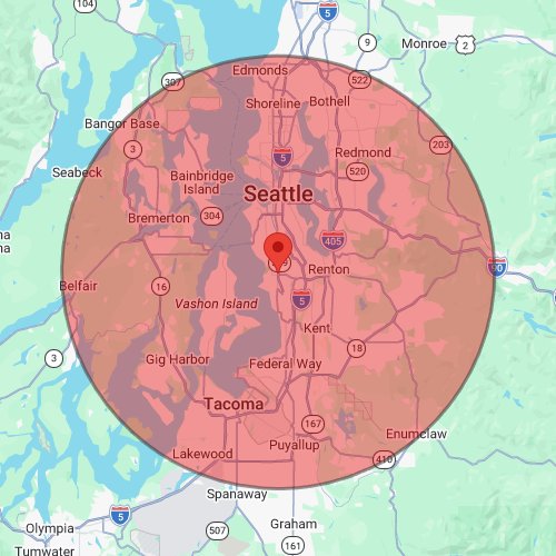 Map showing Burien Chevrolet's 25-mile Mobile Service radius covering Seattle, Renton, Kent, Federal Way, Tacoma, and surrounding South Sound communities